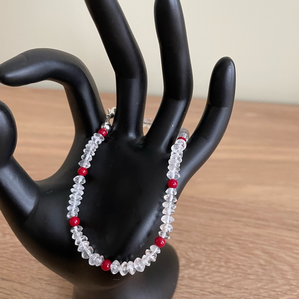 HAND CRAFTED Bracelet Clear Quartz Red Glass Silver Plated Hardware
